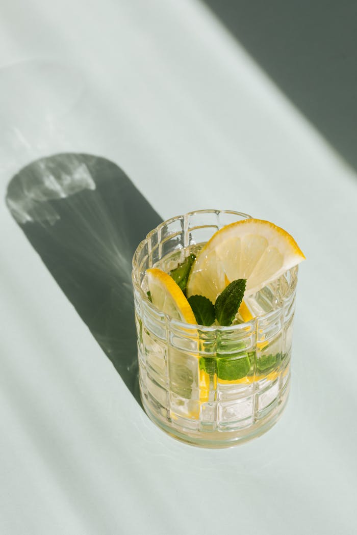 Invigorating lemon mint cocktail in a stylish glass with ample copy space, perfect for summer refreshment.